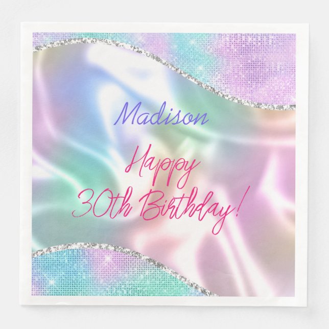 Iridescent Sparkle Happy Birthday & Name, Any Age Paper Dinner Napkins (Front)