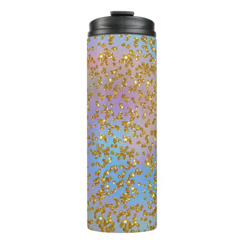 Iridescent Spiral and Gold Glitter Confetti Thermal Tumbler
