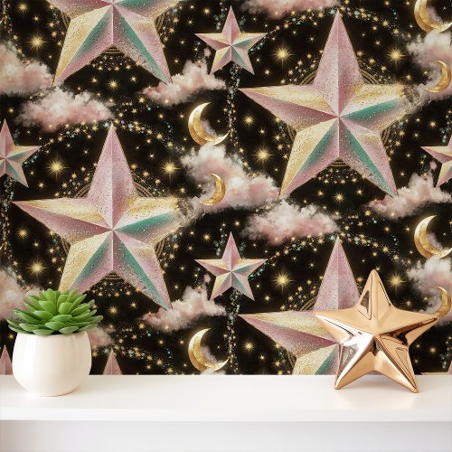 Iridescent Stars And Gold Moons On Black Wallpaper