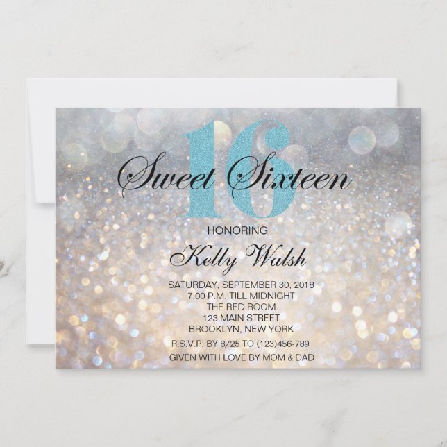 Iridescent Sweet 16 Light Blue Glitter Invitation (Front)