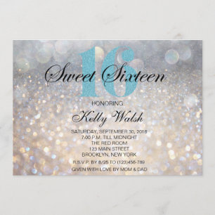 Iridescent Sweet 16 Light Blue Glitter Invitation