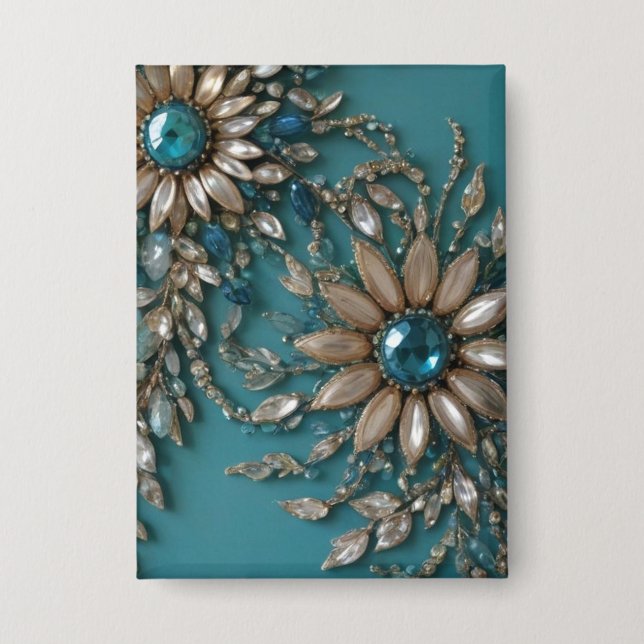 Iridescent teal glass beads rectangle button (Front)