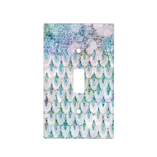 Iridescent teal Glitter Mermaid Fish Scales Light Switch Cover (Front)