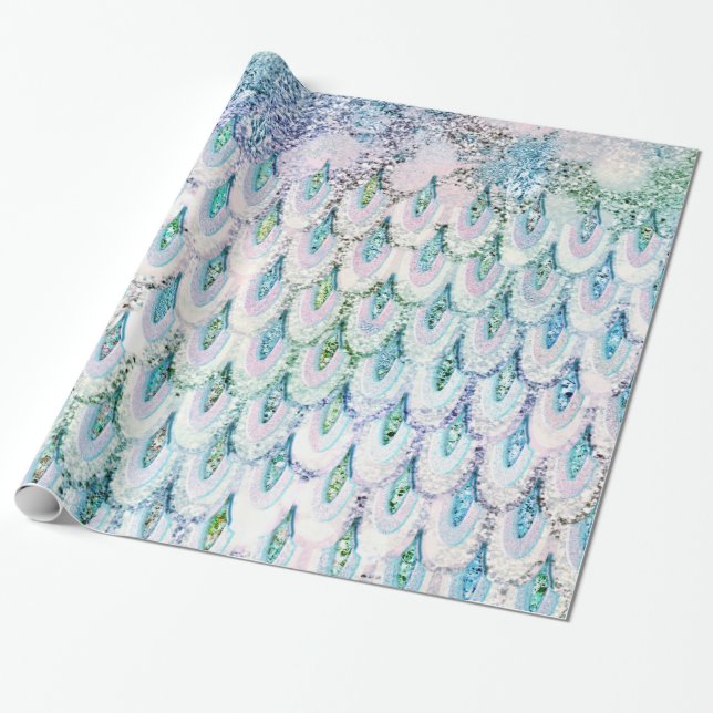 Iridescent teal Glitter Mermaid Fish Scales Wrapping Paper (Unrolled)