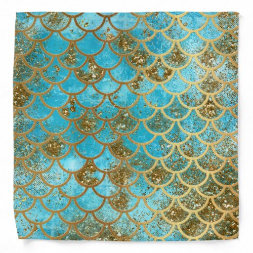 Iridescent Teal Gold Glitter  Mermaid Fish Scales Bandana