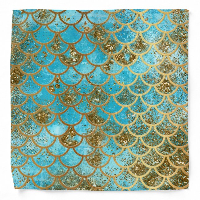 Iridescent Teal Gold Glitter  Mermaid Fish Scales Bandana (Front)
