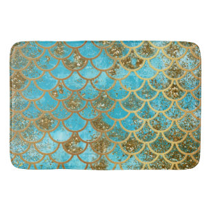 Iridescent Teal Gold Glitter  Mermaid Fish Scales Bathroom Mat