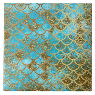 Iridescent Teal Gold Glitter  Mermaid Fish Scales Ceramic Tile