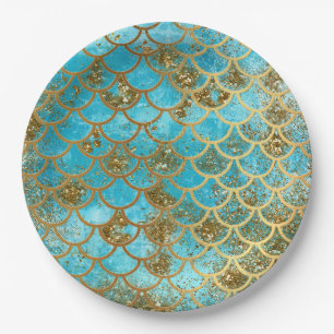 Iridescent Teal Gold Glitter  Mermaid Fish Scales Paper Plates