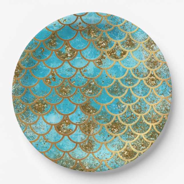 Iridescent Teal Gold Glitter  Mermaid Fish Scales Paper Plates (Front)