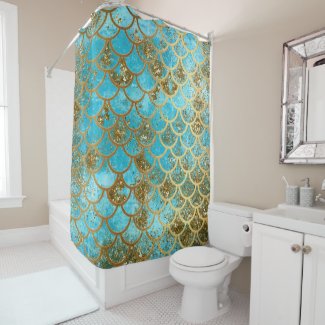 Iridescent Teal Gold Glitter  Mermaid Fish Scales Shower Curtain