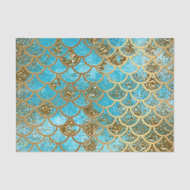 Iridescent Teal Gold Glitter  Mermaid Fish Scales Tissue Paper (Front)