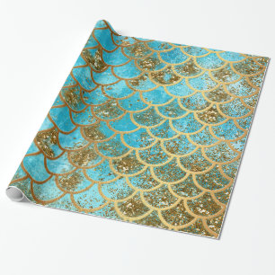 Iridescent Teal Gold Glitter  Mermaid Fish Scales Wrapping Paper