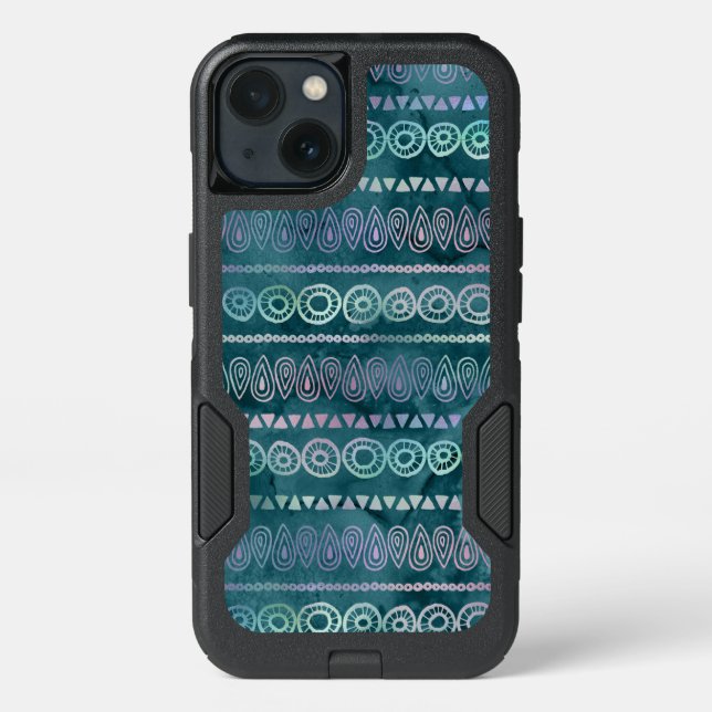 Iridescent Teal Green Boho Hand Drawn Pattern Otterbox iPhone Case (Back)