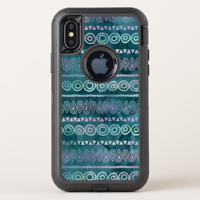 Iridescent Teal Green Boho Hand Drawn Pattern Otterbox iPhone Case (Back)
