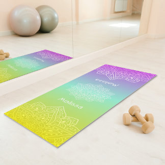 Iridescent Teal Rainbow Gradient Mandala With Name Yoga Mat