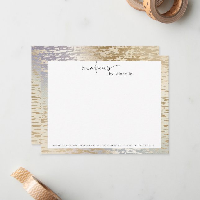 Iridescent Textured Modern Script Makeup Artist Note Card (Front/Back In Situ)