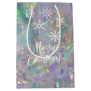 Iridescent Tinsel Merry Christmas White Snowflake Medium Gift Bag