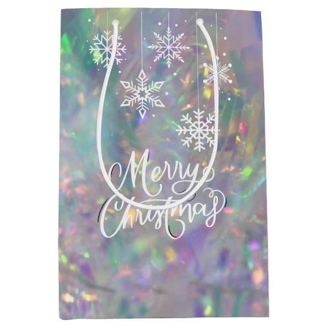 Iridescent Tinsel Merry Christmas White Snowflake Medium Gift Bag (Front)