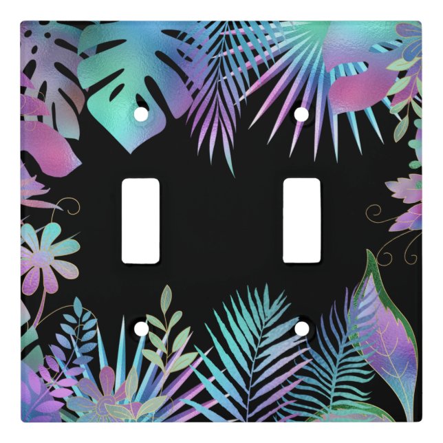 Iridescent Tropical Leaves, Black Background Light Light Switch Cover (Front)