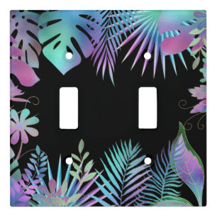 Iridescent Tropical Leaves, Black Background Light Switch Cover