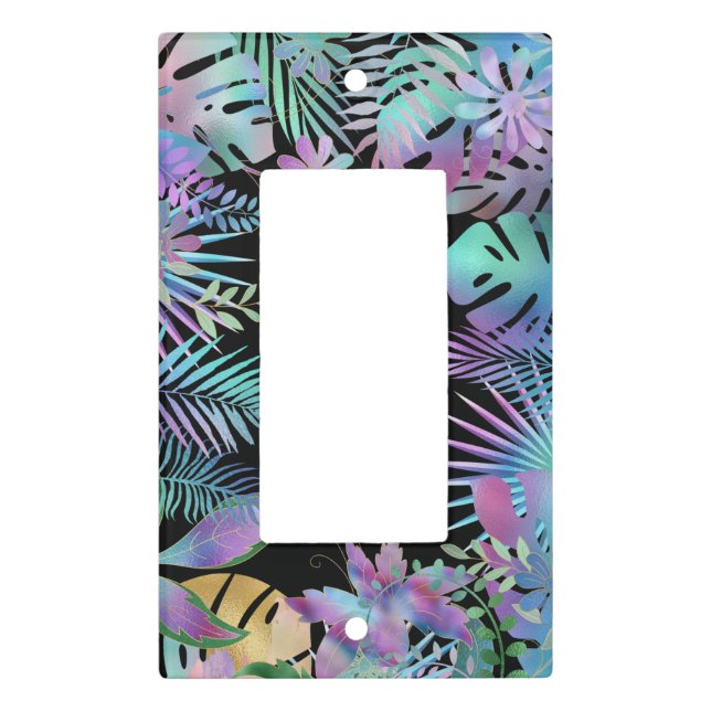 Iridescent Tropical Leaves, Black Background Light Switch Cover (Front)