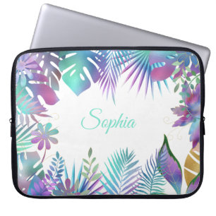 Iridescent Tropical Leaves, DIY Purple Name, White Laptop Sleeve