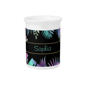 Iridescent Tropical Leaves, DIY Teal Name, Black Beverage Pitcher