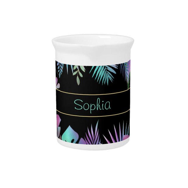 Iridescent Tropical Leaves, DIY Teal Name, Black Beverage Pitcher (Front)