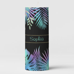 Iridescent Tropical Leaves, DIY Teal Name, Black Pillar Candle