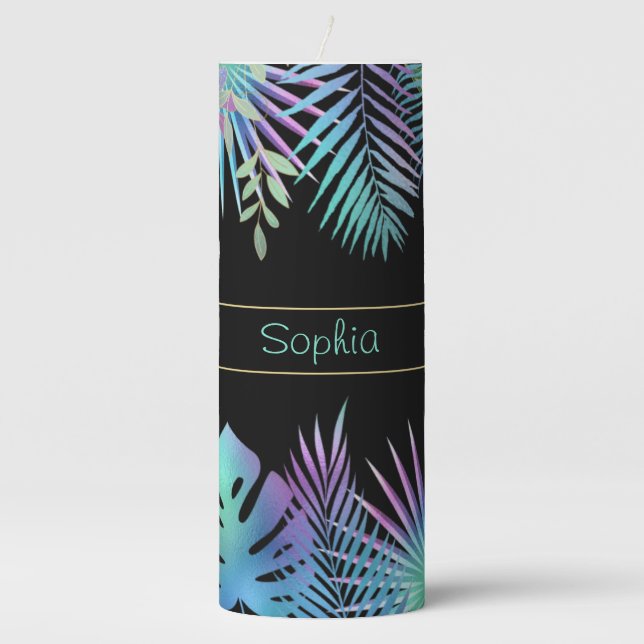 Iridescent Tropical Leaves, DIY Teal Name, Black Pillar Candle (Front)