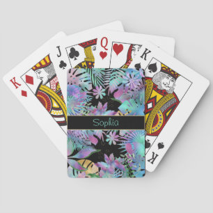 Iridescent Tropical Leaves, DIY Teal Name, Black Poker Cards