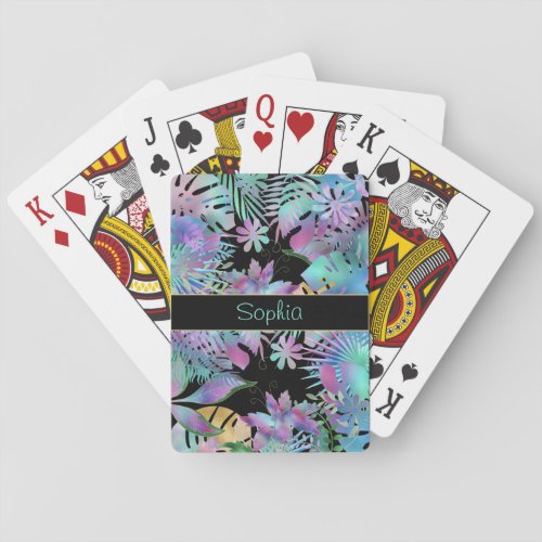 Iridescent Tropical Leaves DIY Teal Name Black Poker Cards
