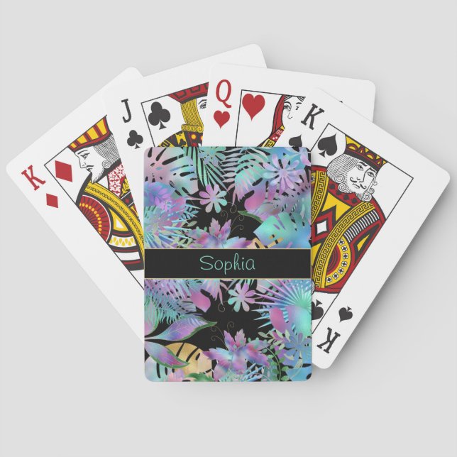 Iridescent Tropical Leaves, DIY Teal Name, Black Poker Cards (Back)