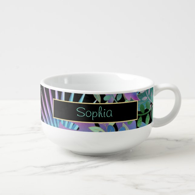 Iridescent Tropical Leaves, DIY Teal Name, Black Soup Mug (Left)