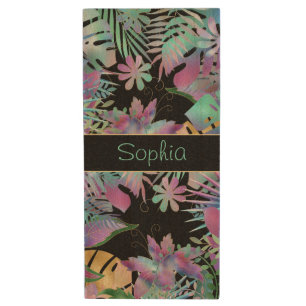 Iridescent Tropical Leaves, DIY Teal Name, Black Wood Flash Drive
