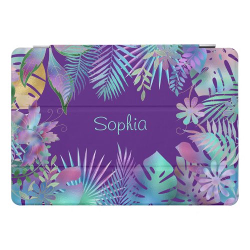 Iridescent Tropical Leaves DIY Teal Name Purple iPad Pro Cover