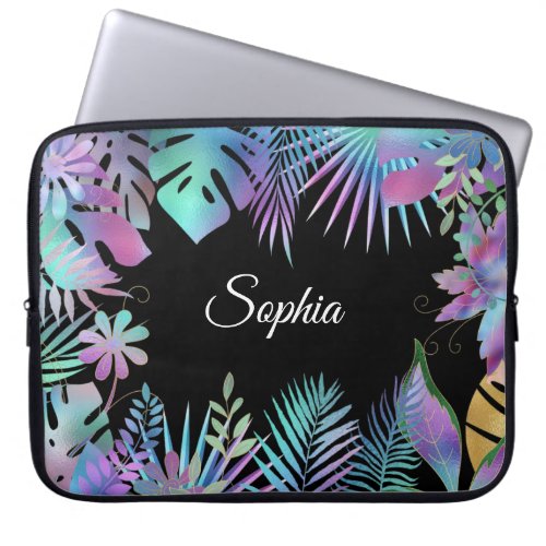 Iridescent Tropical Leaves DIY White Name Black Laptop Sleeve