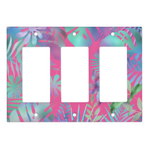 Iridescent Tropical Leaves, Fuchsia Background Light Switch Cover