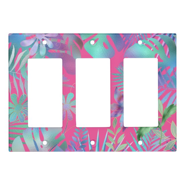 Iridescent Tropical Leaves, Fuchsia Background Light Switch Cover (Front)