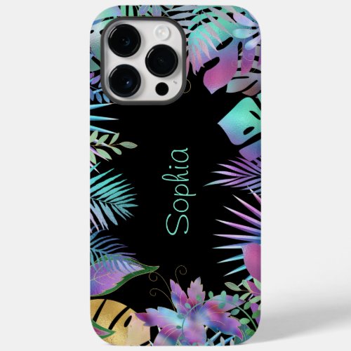 Iridescent Tropical Leaves Light Teal Name Black Case_Mate iPhone 14 Pro Max Case