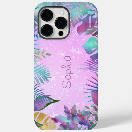 Iridescent Tropical Leaves Name White Stars Pink Case_Mate iPhone 14 Pro Max Case