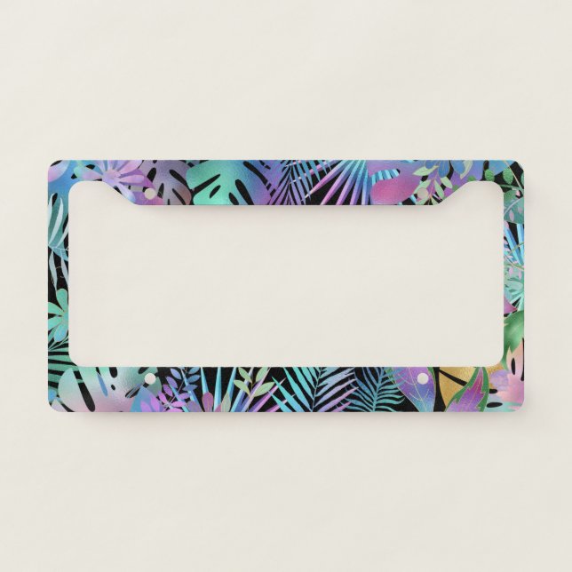 Iridescent Tropical Leaves on Black Background License Plate Frame (Front)