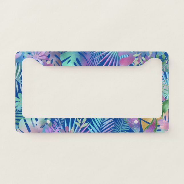 Iridescent Tropical Leaves on Deep Blue Background License Plate Frame (Front)