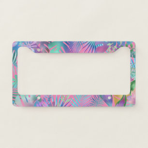 Iridescent Tropical Leaves on Pink Background License Plate Frame