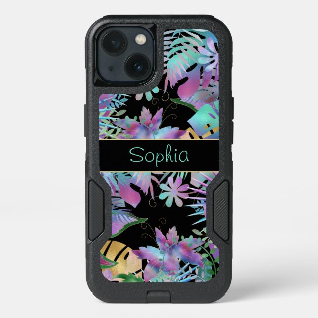 Iridescent Tropical Leaves, Teal Name, Black Otterbox iPhone Case (Back)