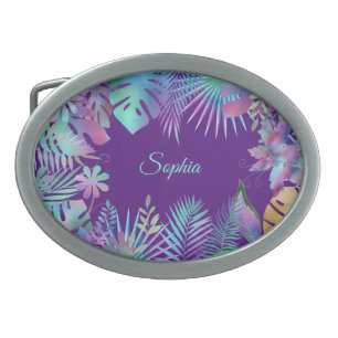 Iridescent Tropical Leaves, Teal Name on Purple Belt Buckle