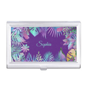 Iridescent Tropical Leaves, Teal Name on Purple Business Card Case