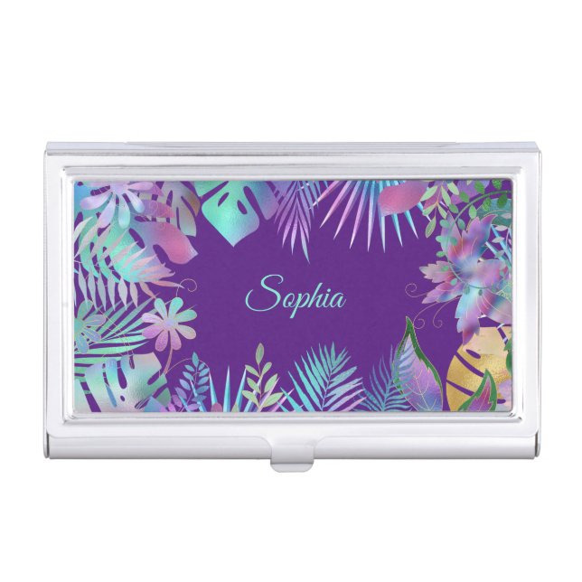Iridescent Tropical Leaves, Teal Name on Purple Business Card Case (Front)