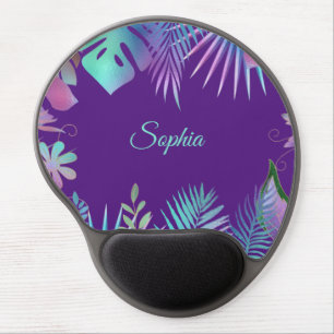 Iridescent Tropical Leaves, Teal Name on Purple Gel Mouse Pad